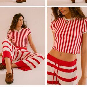 Free People Beach Roberta Sweater Set Stripe M Comfy Pull On Pants Top Red White